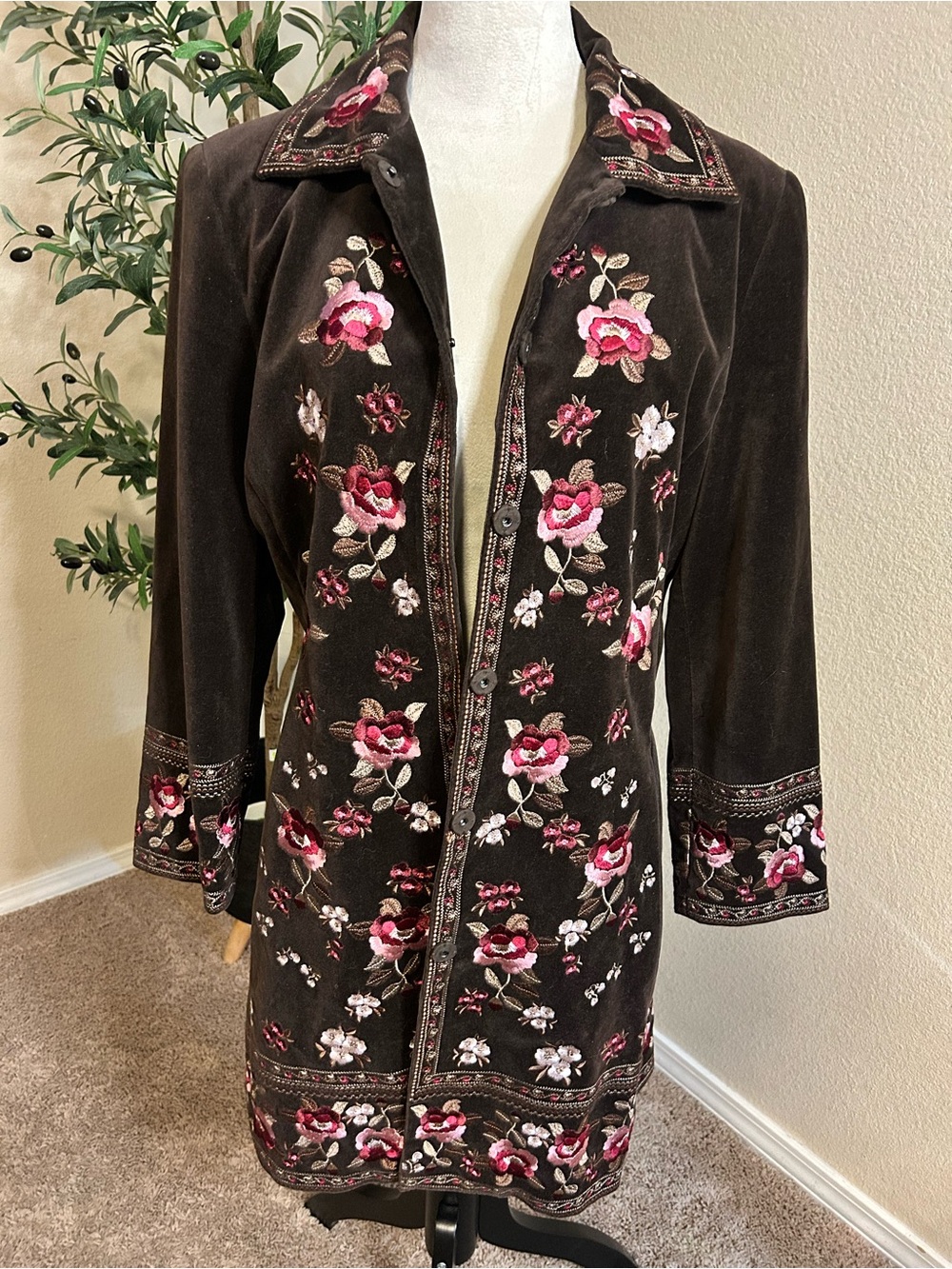 Vintage Brown Velvet Embroidered Floral Coat Boho Penny Lane